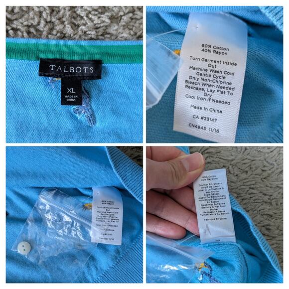 NWOT Talbots Crew Neck Cardigan Womens XL Blue Cotton Embroidered Toucan Coastal - Picture 4 of 7